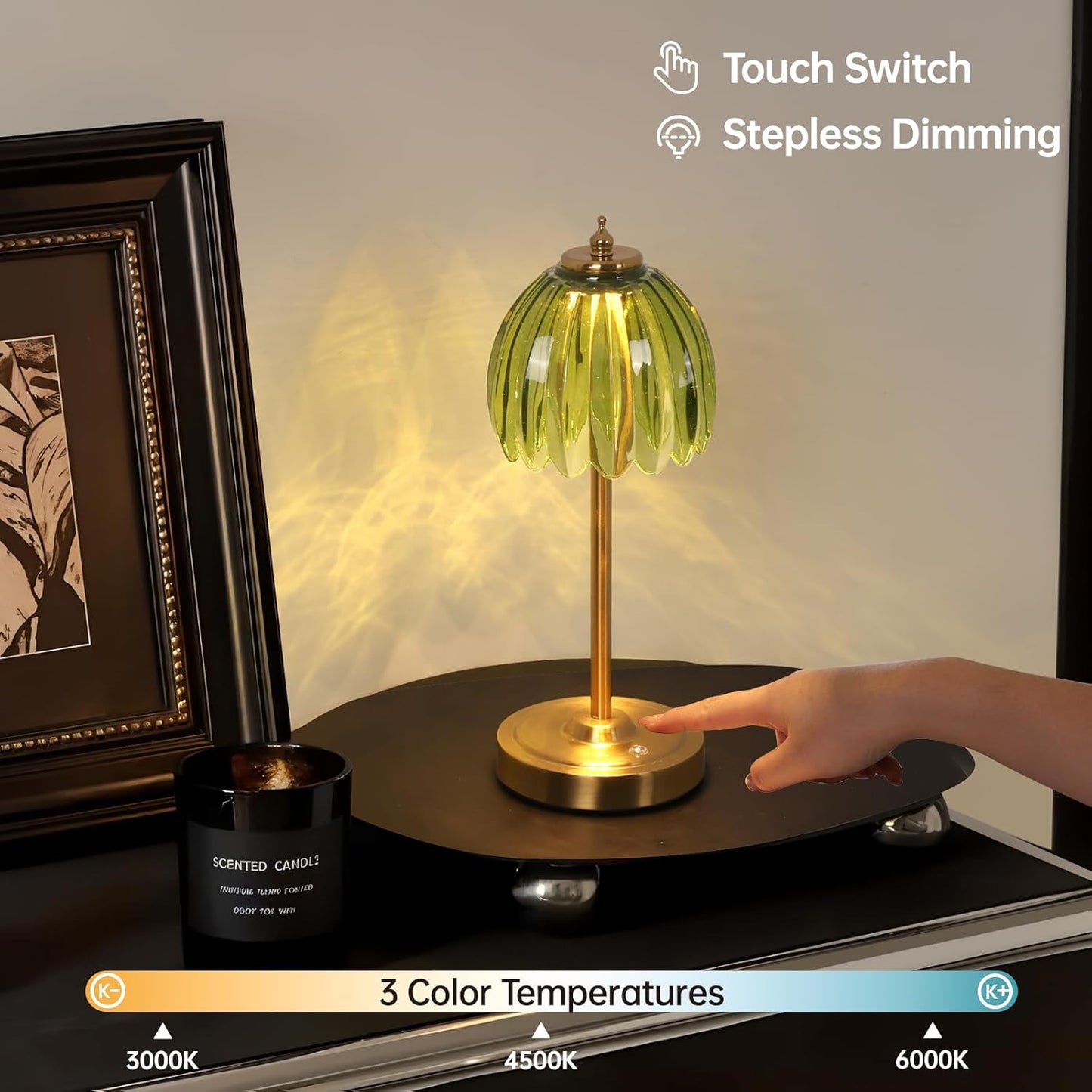 Tulip Table Lamp with 5000mAh Battery & Touch Control, Cordless Table Lamp with 3 Colors, Dimmable Rechargeable Table Lamps for Bedroom, Nightstand, Living Room, Entryways (Green Tulip)
