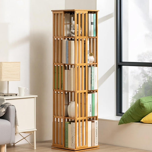 5-Tier Bamboo Bookshelf Organizer - 360° Rotating Floor-Standing Storage Rack for Living Room - Stylish Tower Bookcase Display with Space-Saving Design