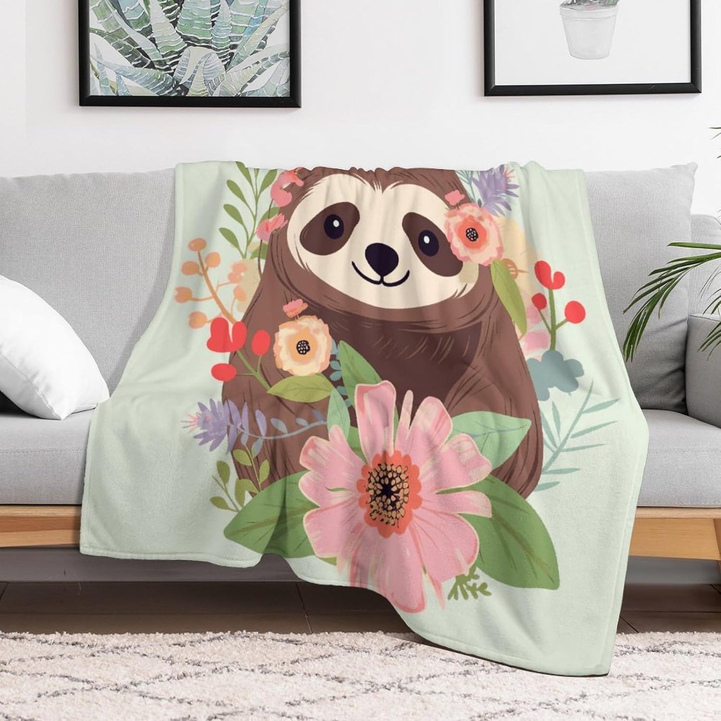 Sloth and Flowers Blanket Super Soft Lightweight Throw Blanket Cute Cozy Warm Bed Blanket Decorative Fuzzy Blanket All-Season Home Decor Gift for Sofa Couch Living Room 60"*80"（150 * 200cm）