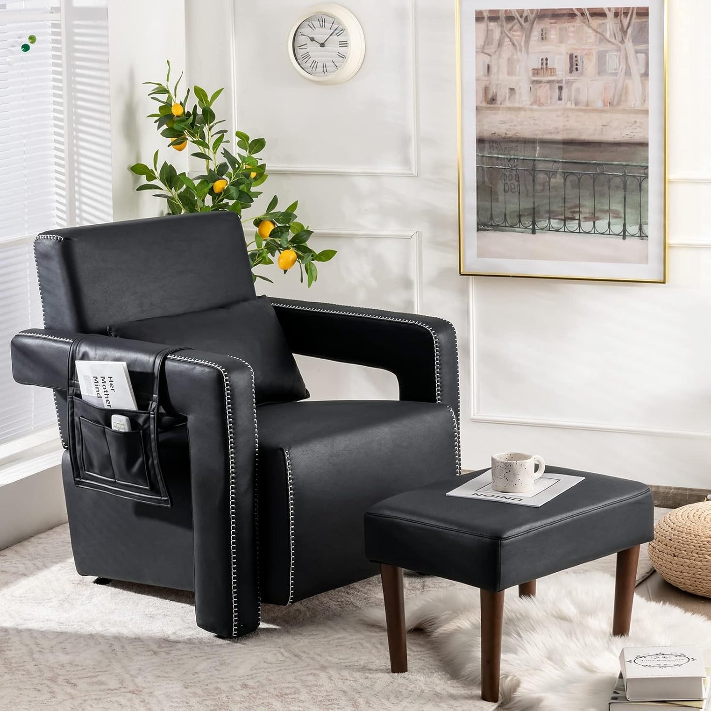 Giantex Modern Accent Chair with Ottoman, Soft Berber Fleece Single Sofa w/Side Storage Bag, Adjustable Foot Pads, Leisure Armchair for Office, Black
