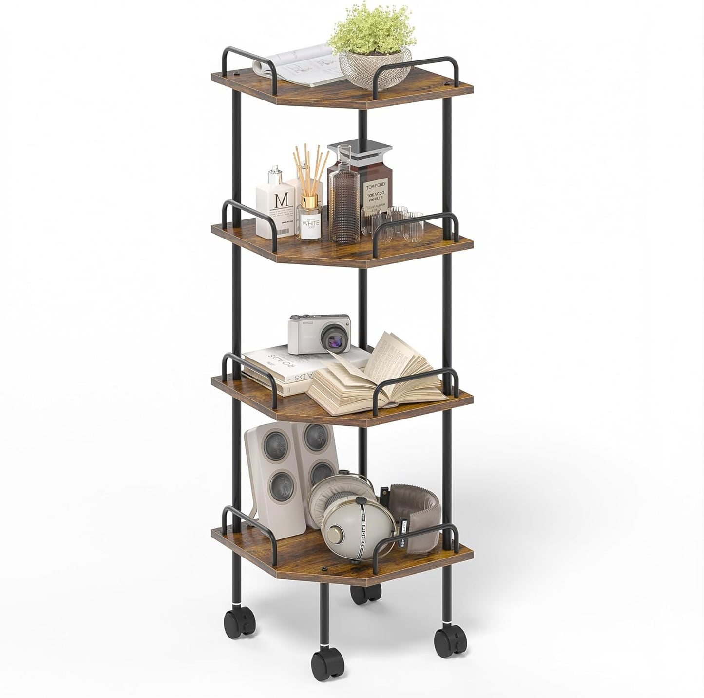 Weehom Small Corner Shelf - Multipurpose Corner Shelving Unit and Storage, 4 Tier Shelf Stand for Small Spaces, Display Shelves for Living Room, Bedroom, Kitchen, Bathroom - Rustic Brown