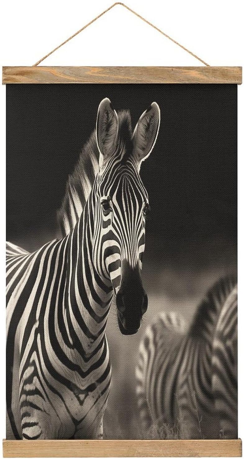 Vintage Wild Animals Zebra Poster with Wooden Frame Personalized Linen Hanging Scroll Painting Rustic Wall Hanging Illustrative Modern Artwork Decor for Home Living Room Bedroom Office