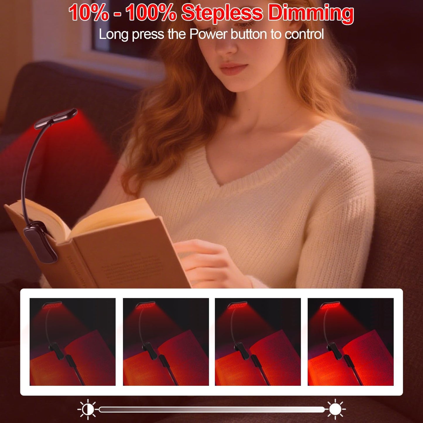 630nm Red Book Light - Zero Blue Light, Rechargeable Clip On Red Reading Light for Reading at Night, Poratble Dimmable LED Book Lamp, Perfect for Travel Nursing Studying