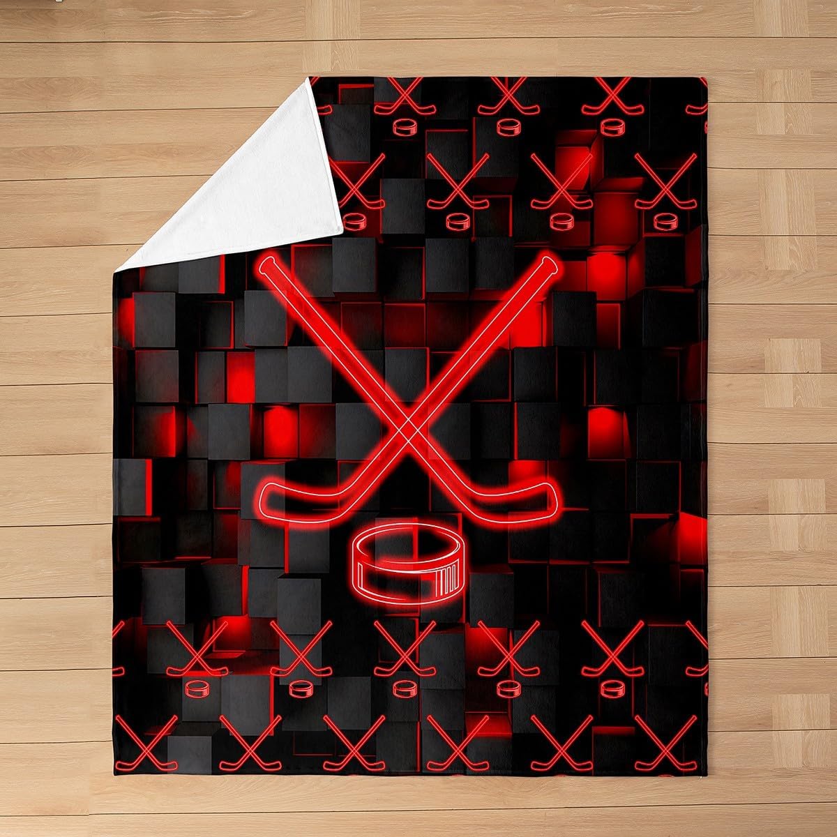 Feelyou Kids Red and Black Flannel Fleece Throw Blanket Ice Hockey Fuzzy Blanket Throw 50"x60" for Boys Bedroom DecorHoneycomb All Season Bed Blanket Ombre Abstract Plush Blanket