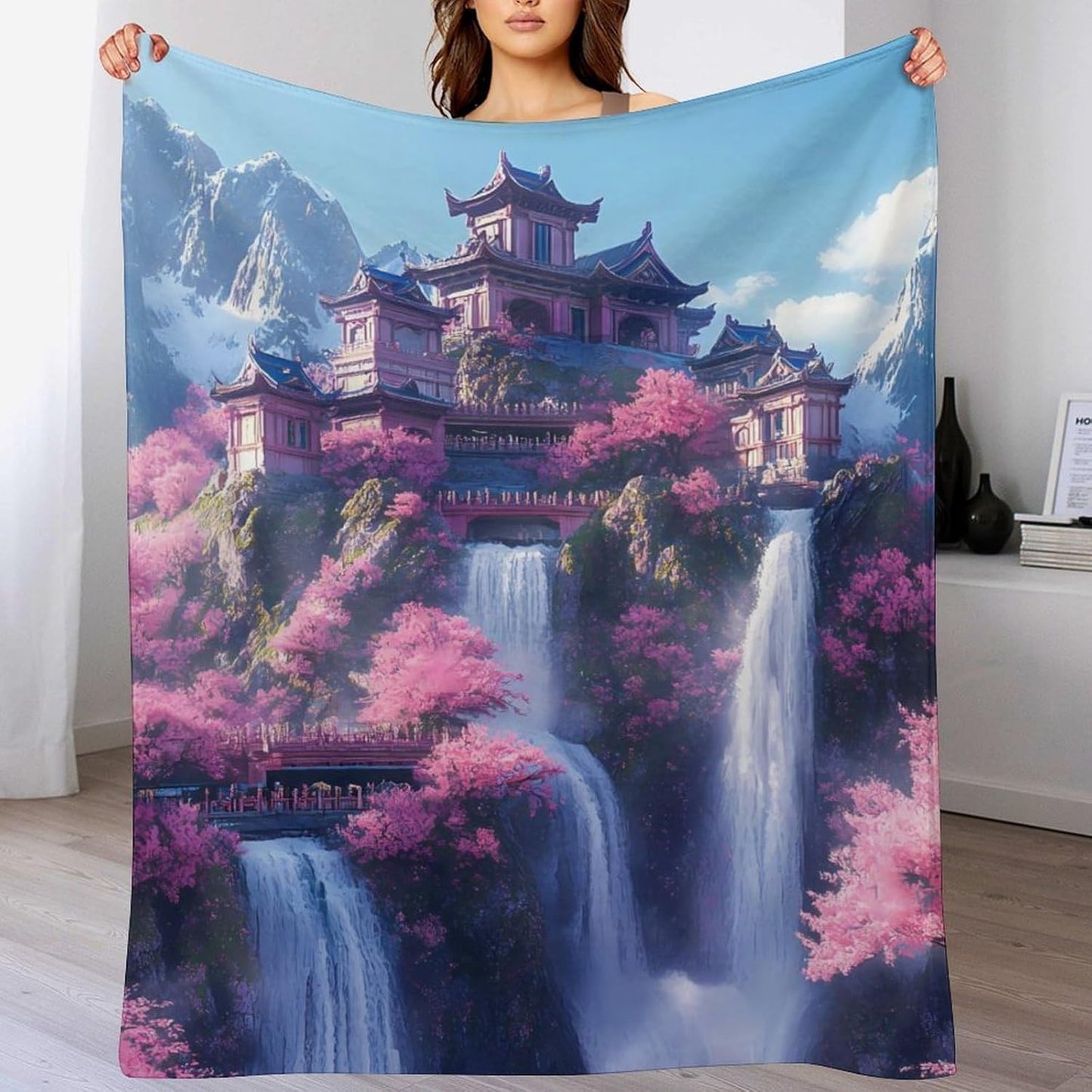 Japanese Building On Mountains Waterfall Throw Blanket for Couch Bed Plush Cozy Fuzzy Flannel Blanket for All Season 55"x70"