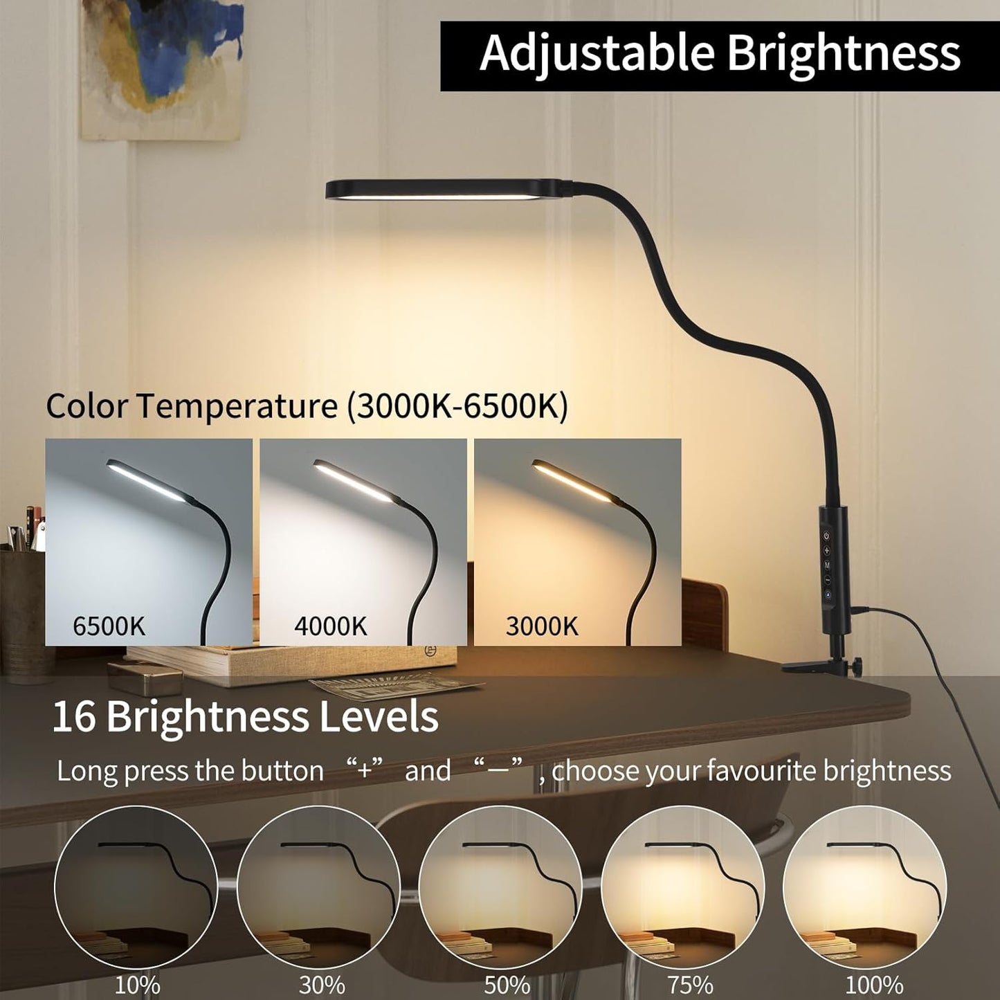 Clamp on Lamp, LUJOLUMIN LED Desk Lamp, 18W, 3000 LMS, 3 Color Modes, 16 Brightness Levels, CRI>95, Reading Light, Eye-Caring Task Lamp with Remote for Reading, Office, Home (Adapter Included)
