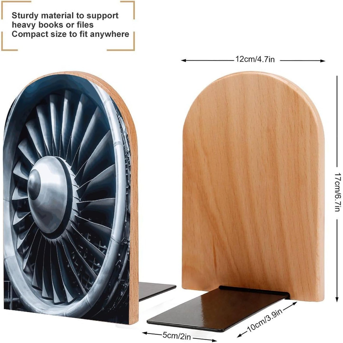 Jet Engine Bookend for Shelves Wooden Book End Large Size Sturdy Book Holders Stoppers with Metal Base for Bookshelves Slick Decorative Bookends Stands