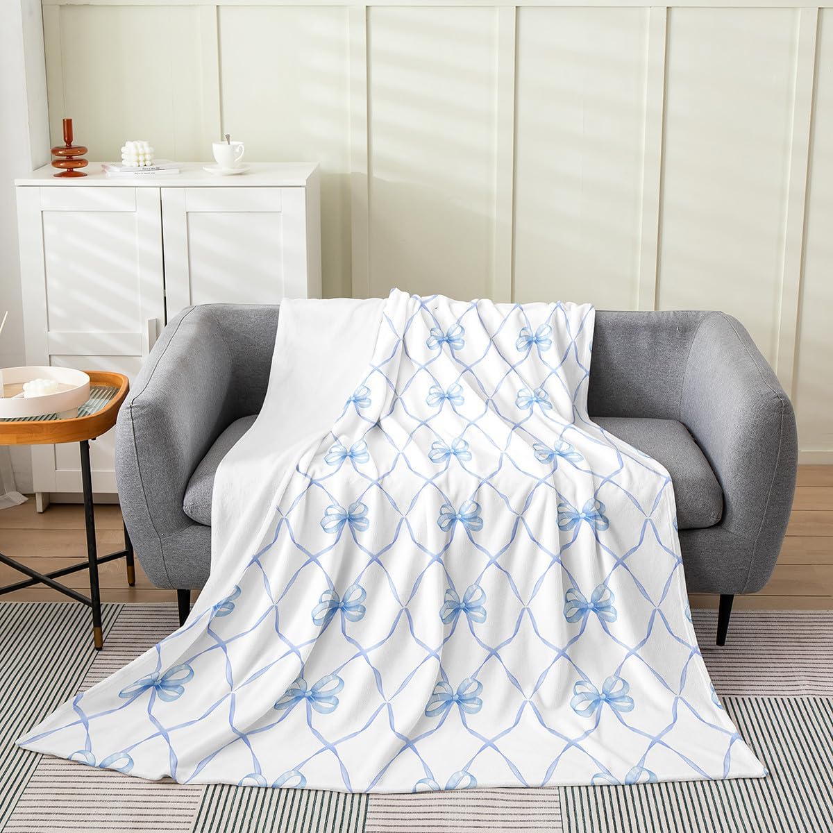 Erosebridal Bowknot Blanket Twin 60x80 Inch Bow Knot Throw Blanket for Kids Butterfly Knot Bow Tie Fleece Blanket Aesthetic Coquette Bedroom Decor Geometric Cartoon Blue Sherpa Blanket