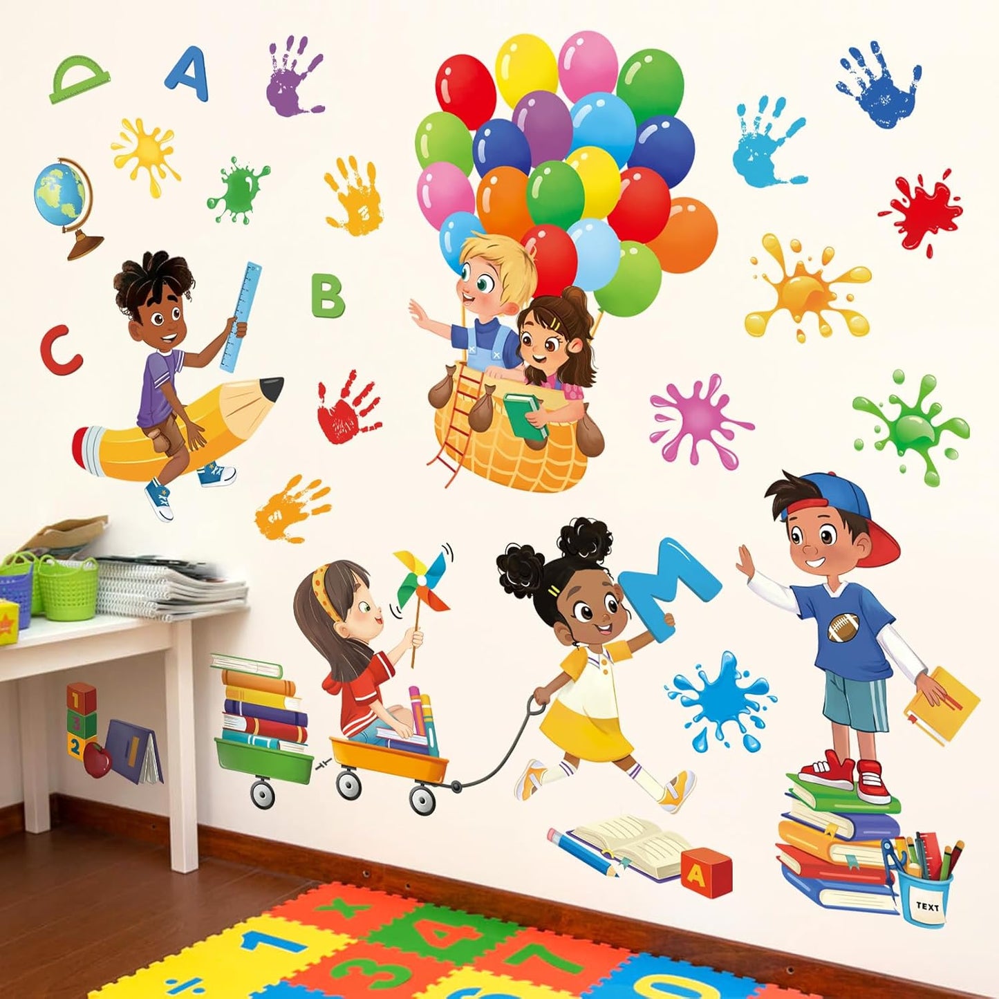 decalmile Reading Corner Balloon Wall Stickers Books Kids Handprint Educational Wall Decals Reading Room Study Room School Wall Decor