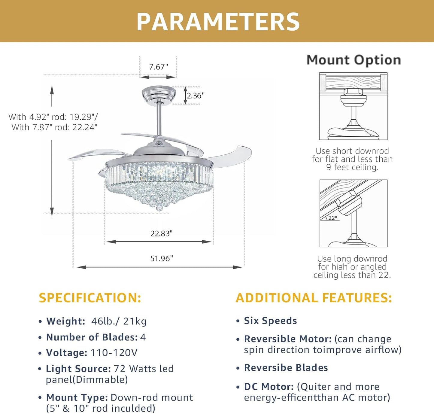52 Inch Fandelier Ceiling Fan with Lights and Remote, Dimmable Crystal Chandelier Fan, LED Crystal Fan Light Kit for Dining Room Bedroom-Chrome