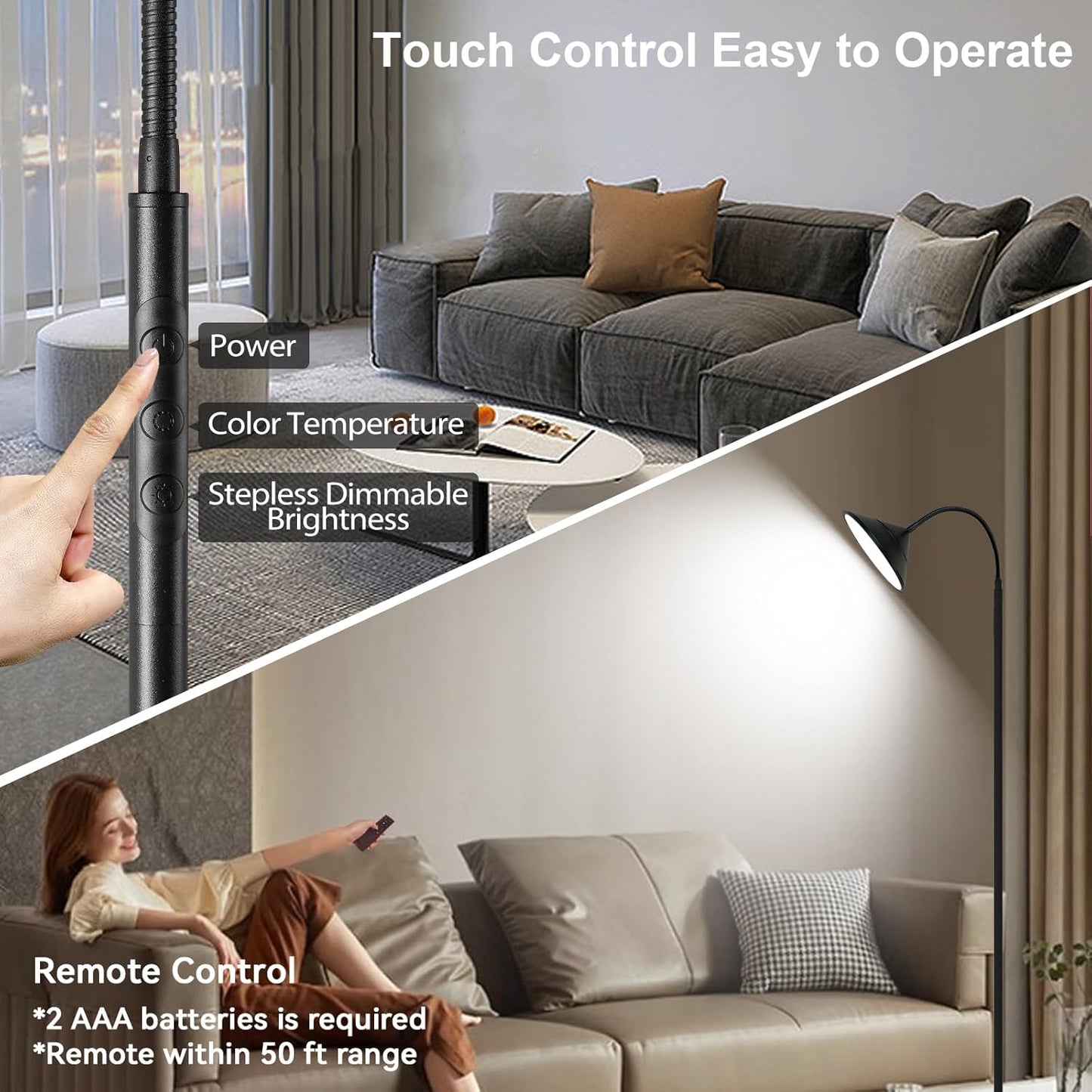 76" LED Floor Lamp, 18W/1800LM Super Bright Reading Standing Lamp,Stepless Dimmable&Adjustable Color Temperature 2700K-6500K w/Remote& Touch Control Lamps for Living Room Bedroom Office Black
