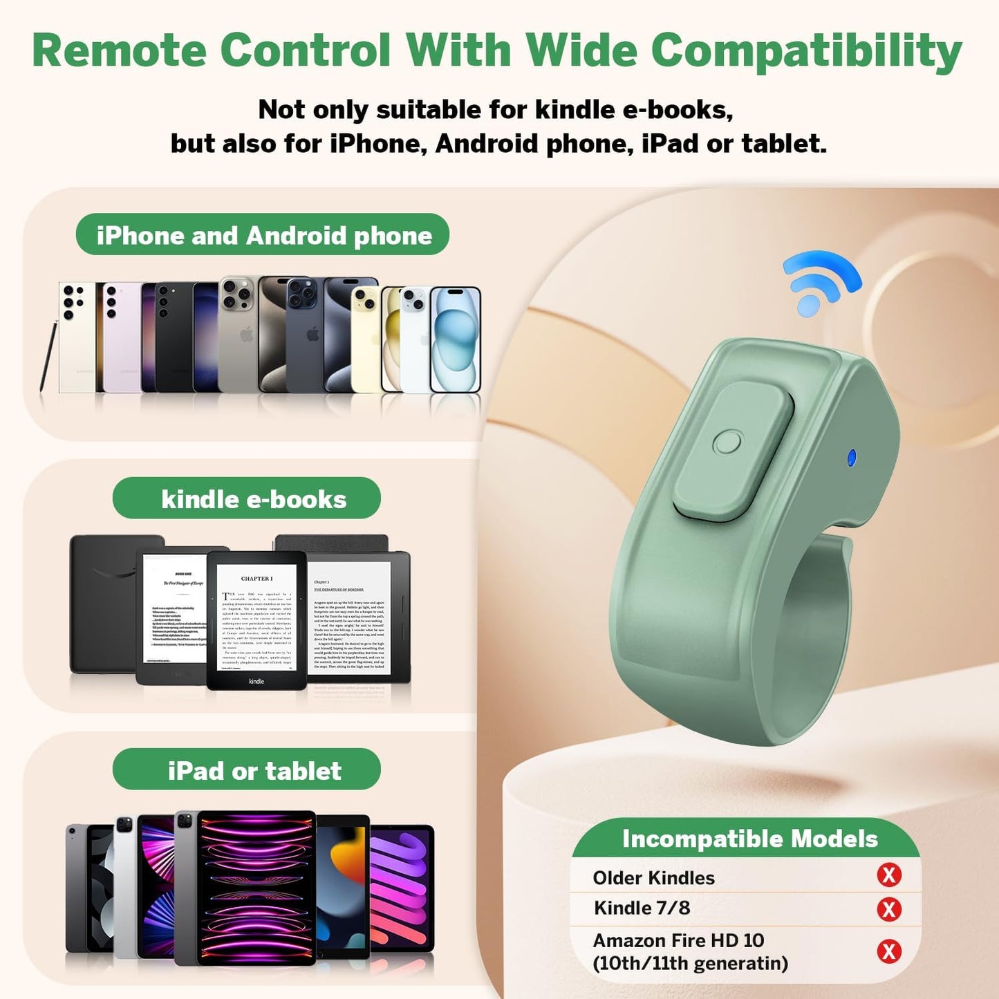 Page Turner Ring for Kindle,Remote Control for iPhone iPad Android Tablets E-Readers,Clicker Page Turner for Kindle Accessories for Camera Video Record&Shutter Selfie (Green)