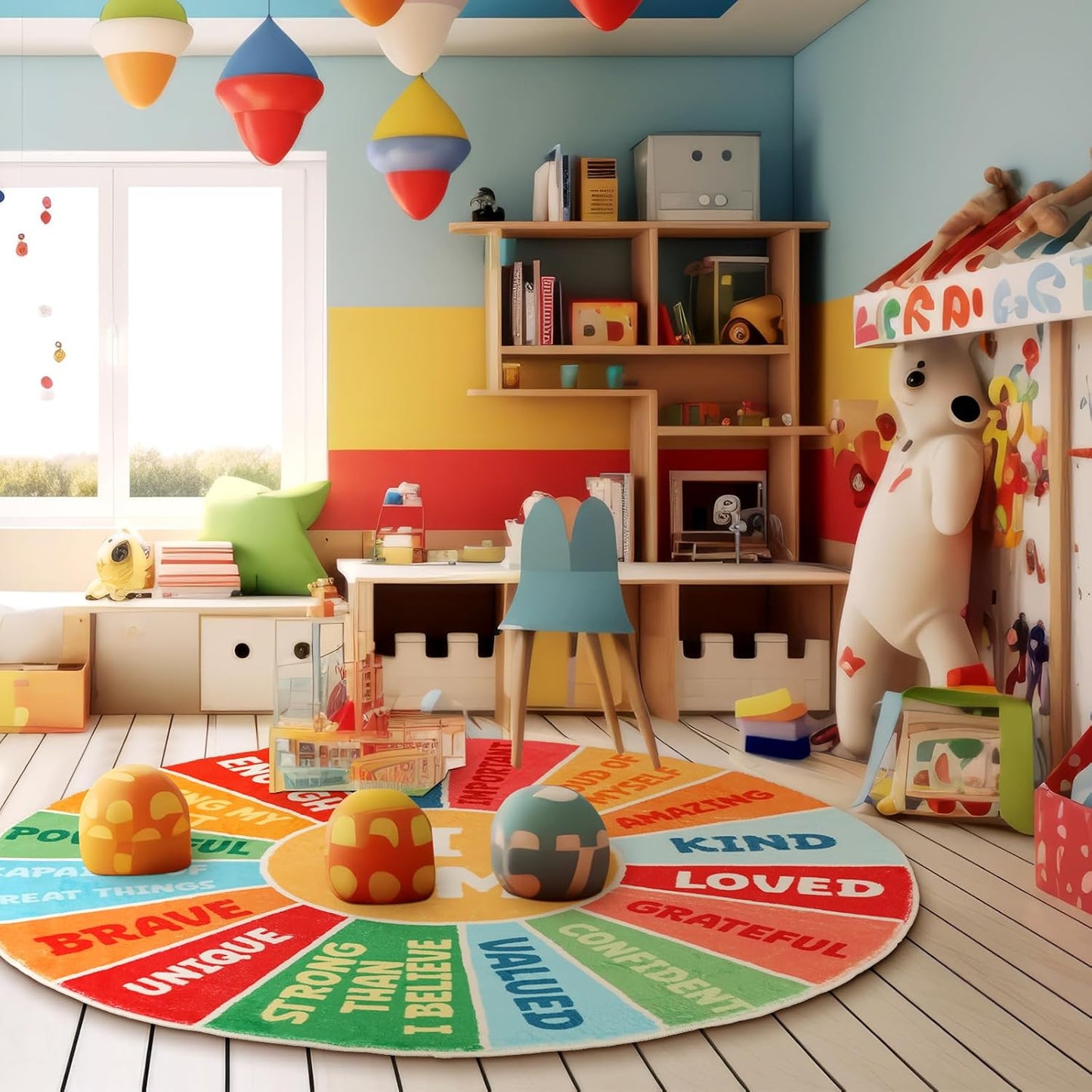 Corner Boho Nursery Sun Rug Positive Words Round 4 ft for Kids Playroom Washable Educational Rug Motivational Soft Circle Mat Back to School for Classroom Reading Dorm(Rainbow Color)