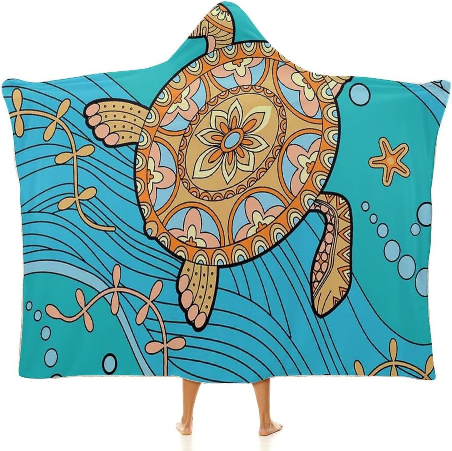 Throw Blankets, Turtle Women Men Hooded Blanket, Decorative Doodle of Sea Turtle on Water Surface, Soft Warm Cozy, 60 x 80inches, Studying Reading Snuggling Napping Office