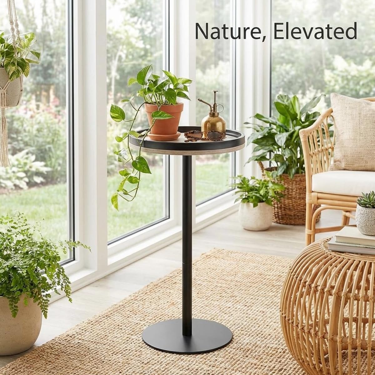 Oak Finish Martini Table, Small Round Drink Table, Modern Farmhouse Side Table with Tray Top, Metal Weighted Base End Table for Living Room,Small Spaces,Next to Sofa, 24.7" Tall