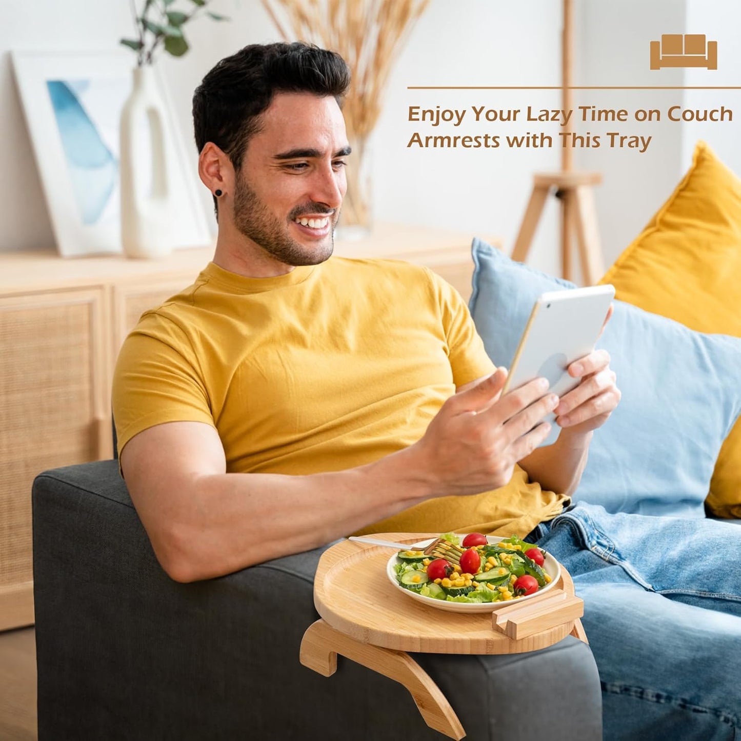 SINWANT Couch Arm Table,Large Bamboo Sofa Clip on Tray Tables with 360° Phone Holder,Foldable Couch Armrest Table, Folding Snack Eating Drink on Armrest