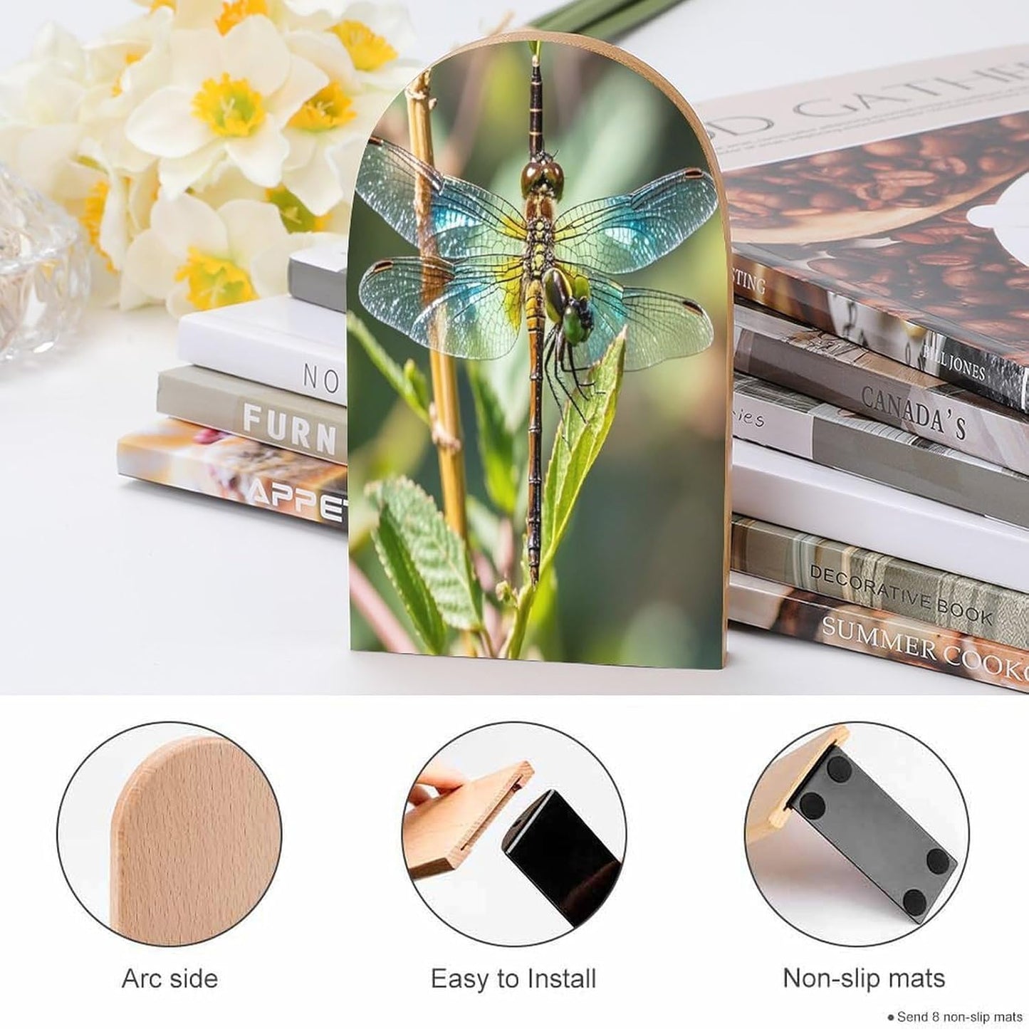 Colorful Dragonfly Bookends 1 Pair Heavy Duty Book Ends for Shelves Non-Skid Bookend Supports Wooden Book Holders with Metal Base Desk Organizers Books Storage to Hold Books
