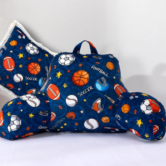 A Nice Night Kids Back Reading Pillow for Reading and Watching TV Bed to Lounge, Basketball Football Baseball Sports Party Printed，with Matching Cushion Cover