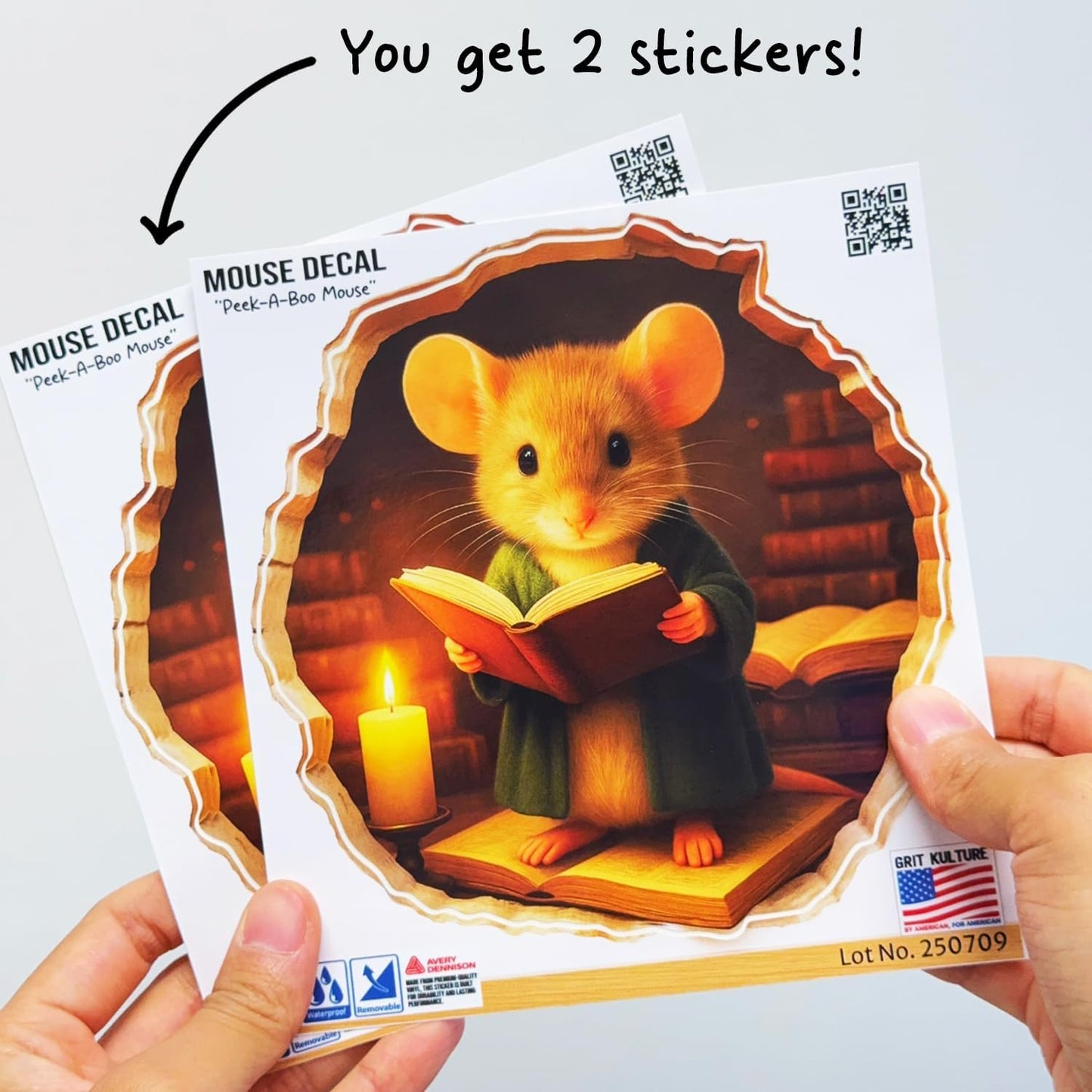 GRITKULTURE Removable Mouse Reading Book in Mouse Hole Decal Sticker 5.1inch 2 Pack. Mouse Hole in The Wall Sticker with 3D Effect. Wall Decoration, Funny Gift, Potty Training, Prank (#3)