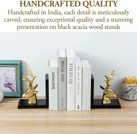 MyGift Brass Decorative Bookends, Modern Stag, Book Ends Holder Stopper for Shelves, Cast Aluminum Male Deer Head on Black Acacia Wood, for Home Library Office Desk, Handcrafted in India, 1 Pair