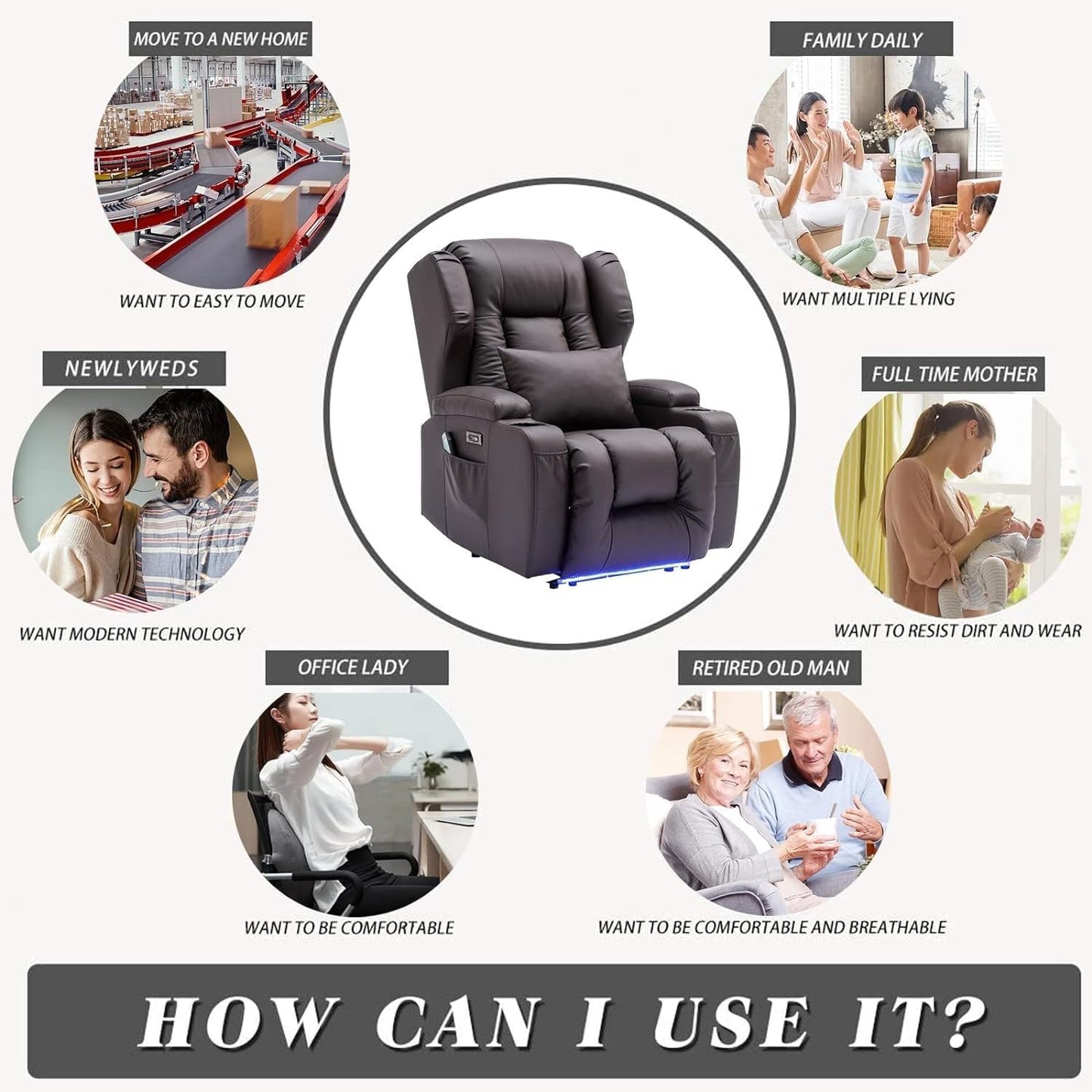 Power Lift Recliner Chair for Elderly, Electric Recliner Sofa with Heat and Massage, PU Leather Power Recliner Chair with USB Port, Cup Holders, Adjustable Reclining Chair