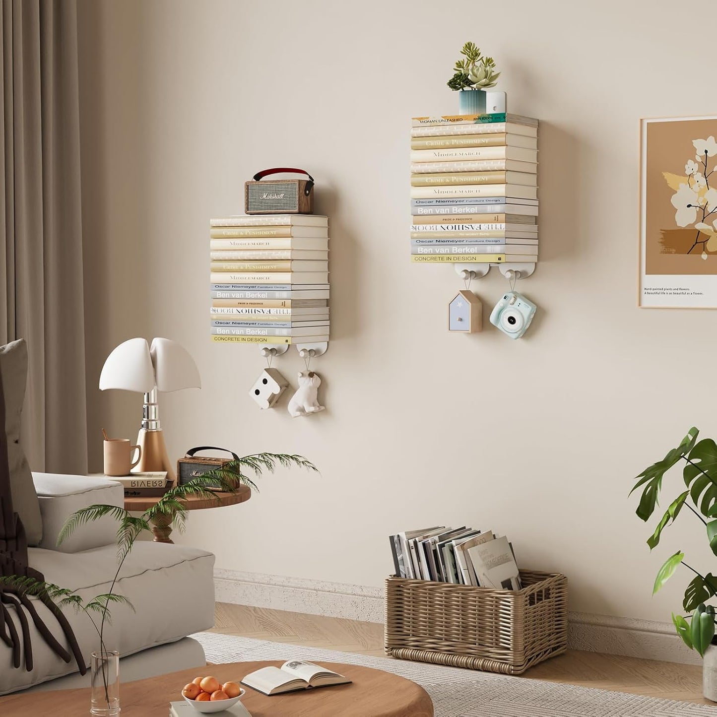 Vertical Spine Metal Tower for Wall Mounted Set of 2, 6 Tier Invisible Floating Bookshelf Coat Rack with 4 Hooks, Heavy-Duty Hanging Book Shelf for Home Office (2, White)