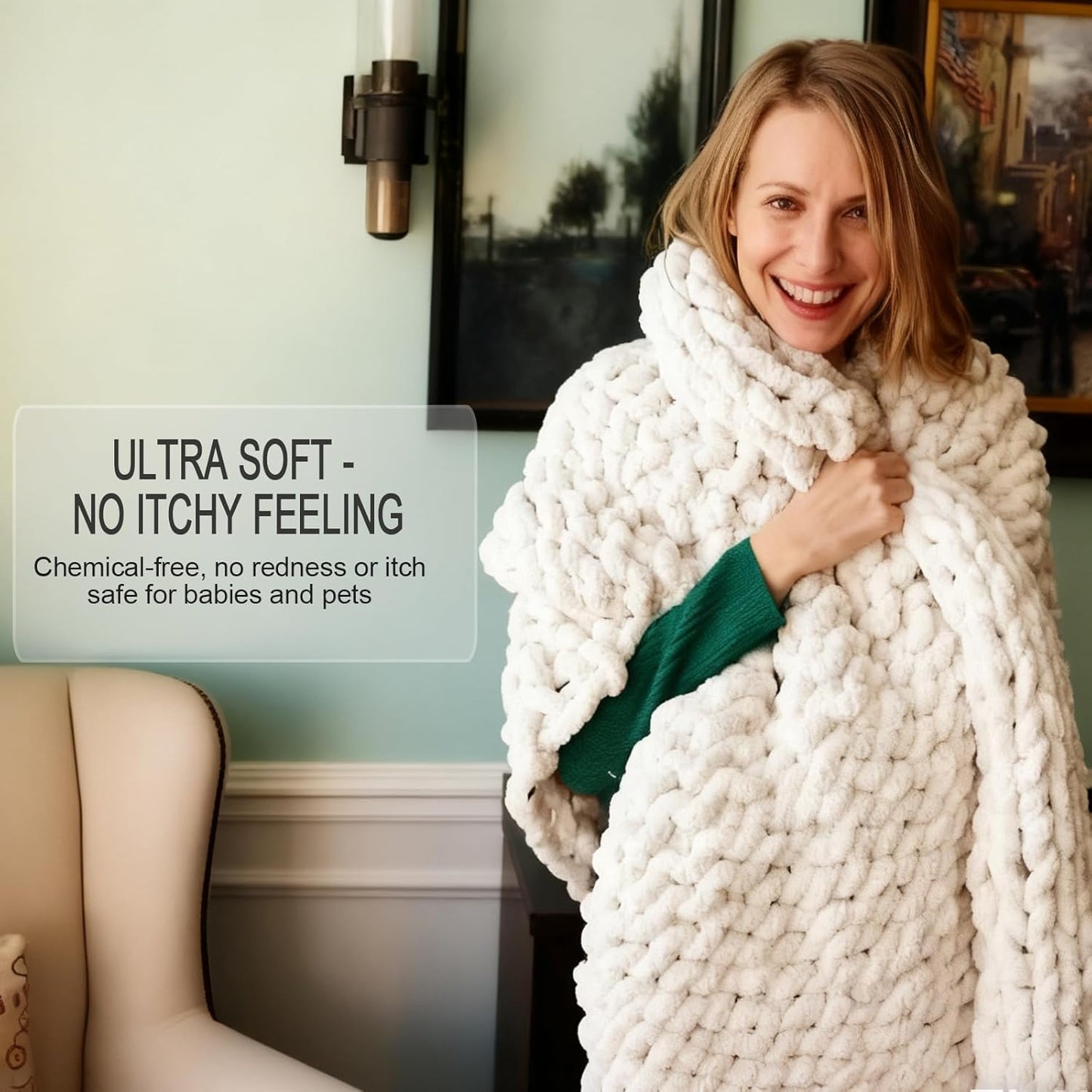 Luxury Super Chunky Knit Throw Blanket, Handmade Chenille Cable Knit Crochet Blanket 50x60, Soft Thick Chunky Yarn Knit Throw for Couch & Bed, No Shedding, Ivory/Cream Home Decor Gift