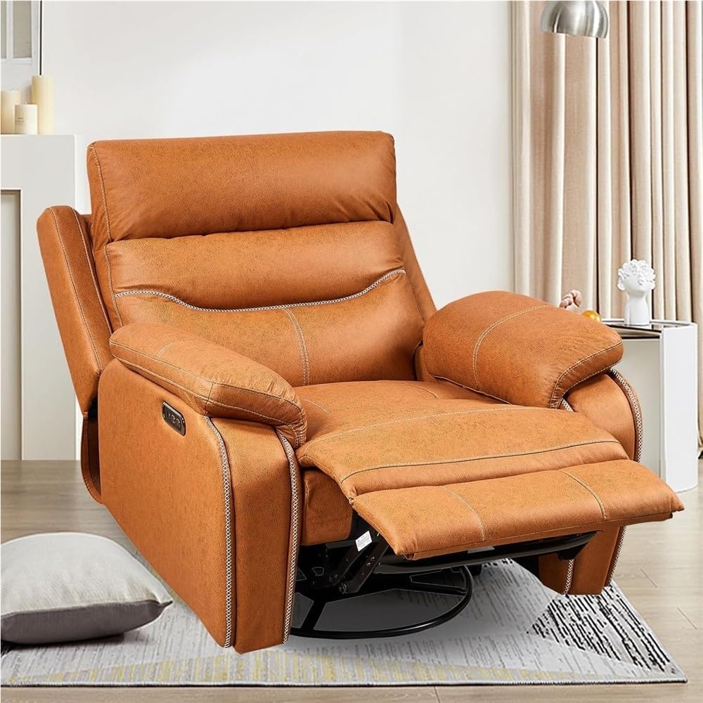 Power Recliner Chair with Power Headrest, Electric Nursery Rocker for Elderly with One-Key Reset Button, Brown Leather Glider Recliner for Bedroom & Living Room