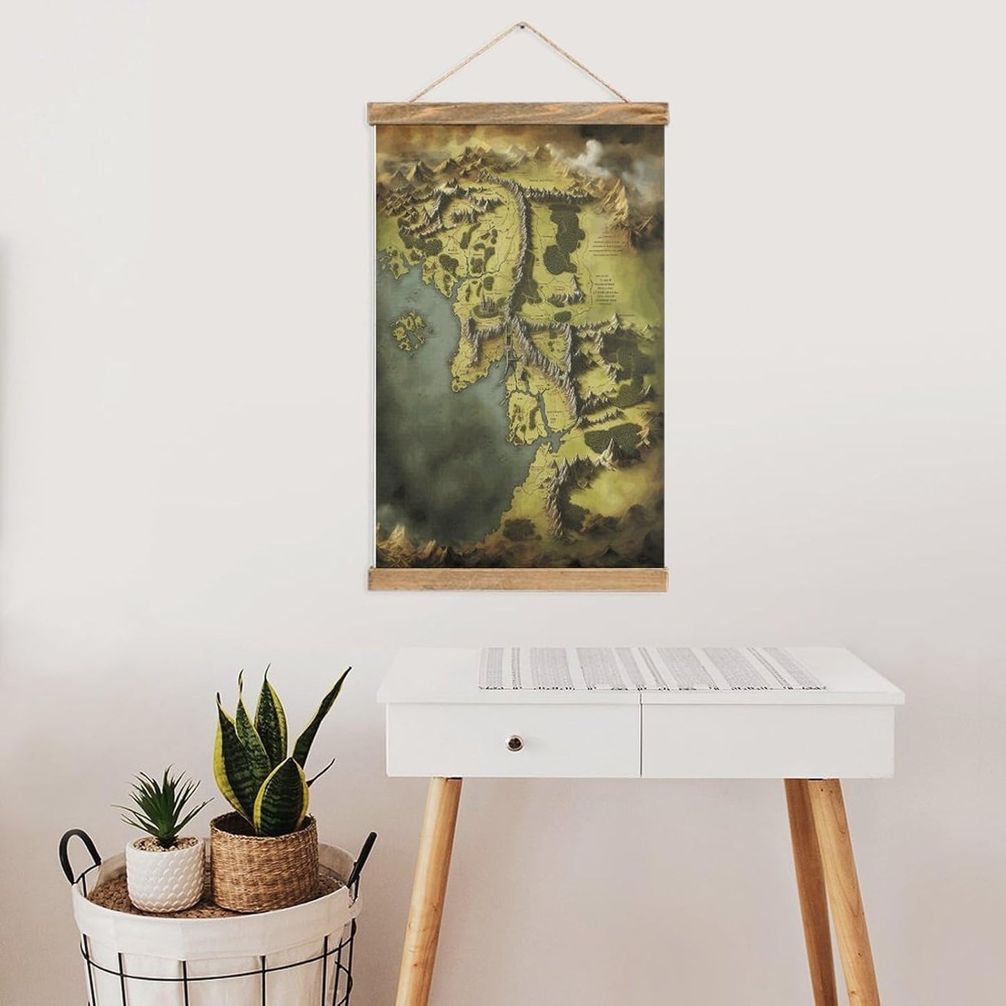Vintage Middle Earth Map Poster with Wooden Frame Personalized Linen Hanging Scroll Painting Rustic Wall Hanging Illustrative Modern Artwork Decor for Home Living Room Bedroom Office