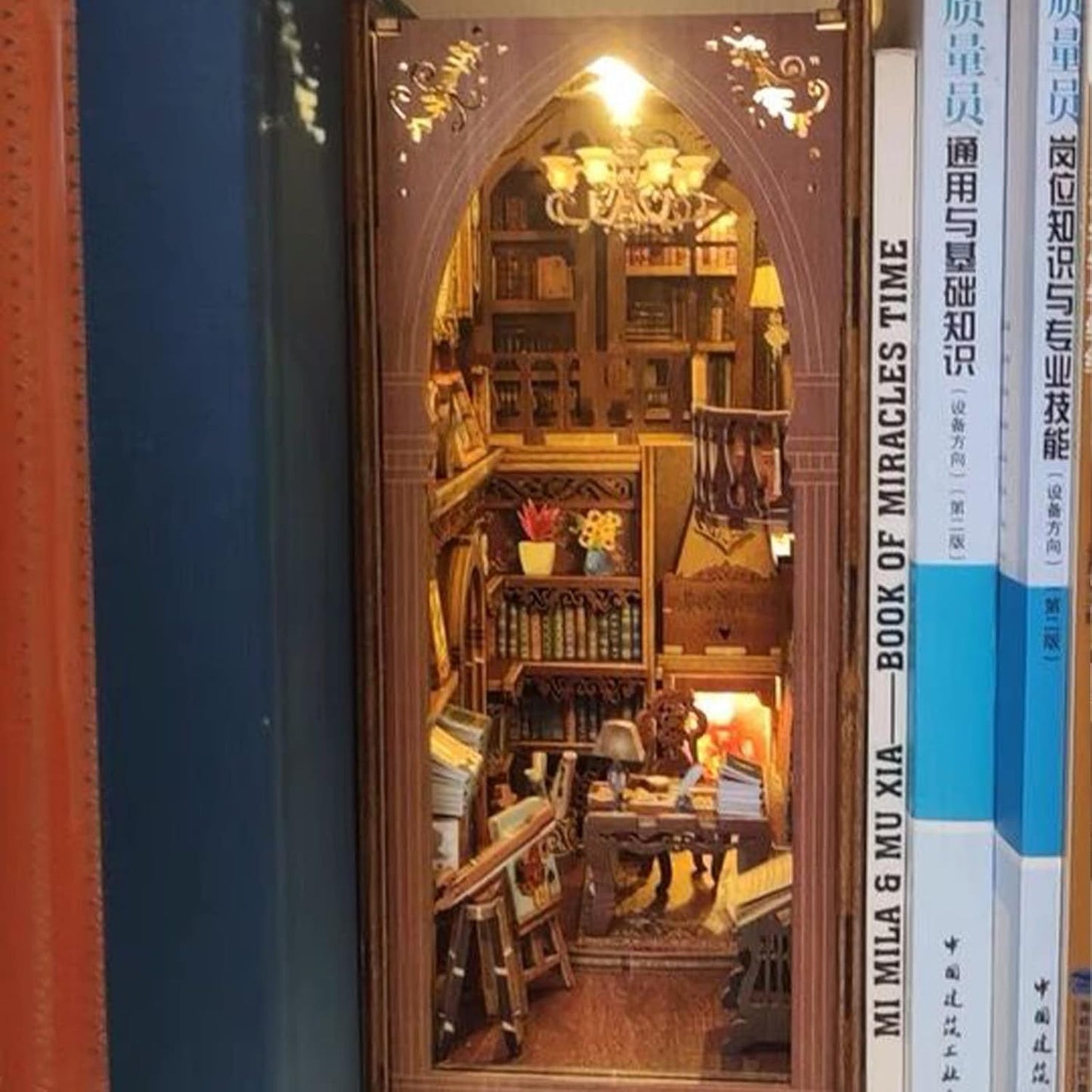 3D Wooden Magic Library Book Nook Kit - Enchanting Bookshelf Insert with Touch LED | DIY Bookend Decor | Ideal for Adults & Teens (Library)