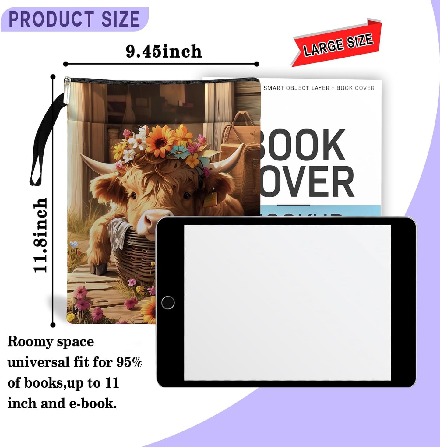 Vintage Highland Cow Print Theme Book Sleeve, Book Lovers Gifts, Bookish Gifts Book Pouch for Zipper Book Cover for Animal Lovers Birthday Christmas Gift