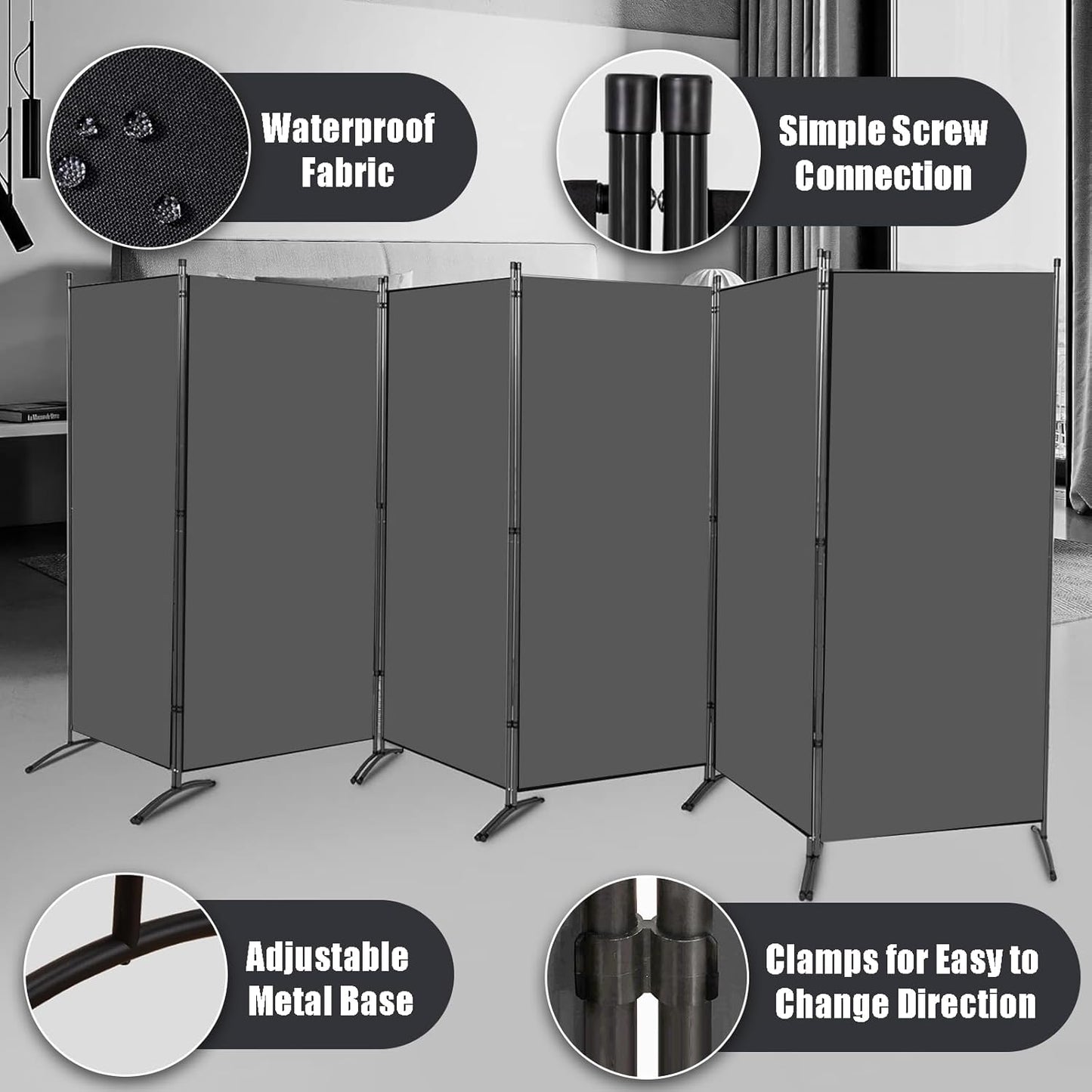 Room Divider-Folding Privacy Screens, 6 ft Partition Room Dividers Wall for Separation, Home, Office, Classroom, Studio (Grey, 6 Panel)