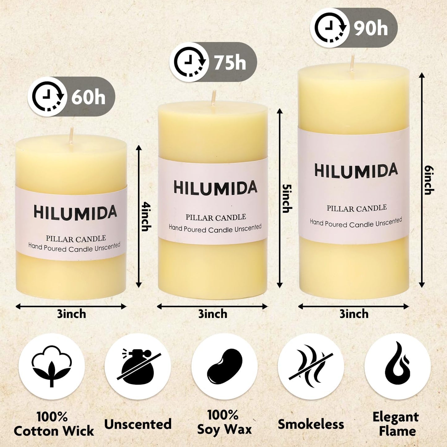 Ivory Pillar Candles Set of 3 - Hand-Poured Unscented Candles, 4", 5", 6" Smokeless Decorative Candles for Home, Set of 3 in Different Sizes