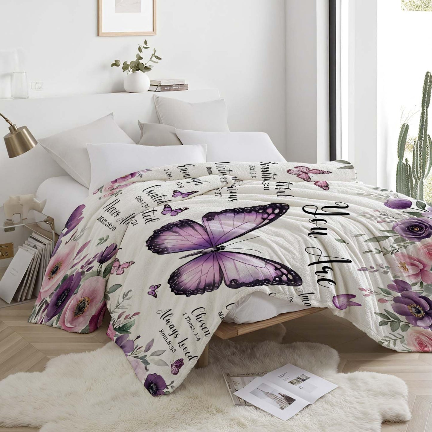 MASLEK Purple Butterfly Floral Flannel Blanket Cozy Throw with Inspirational Quote for Women Girls Home Bedroom 60x80 Inch
