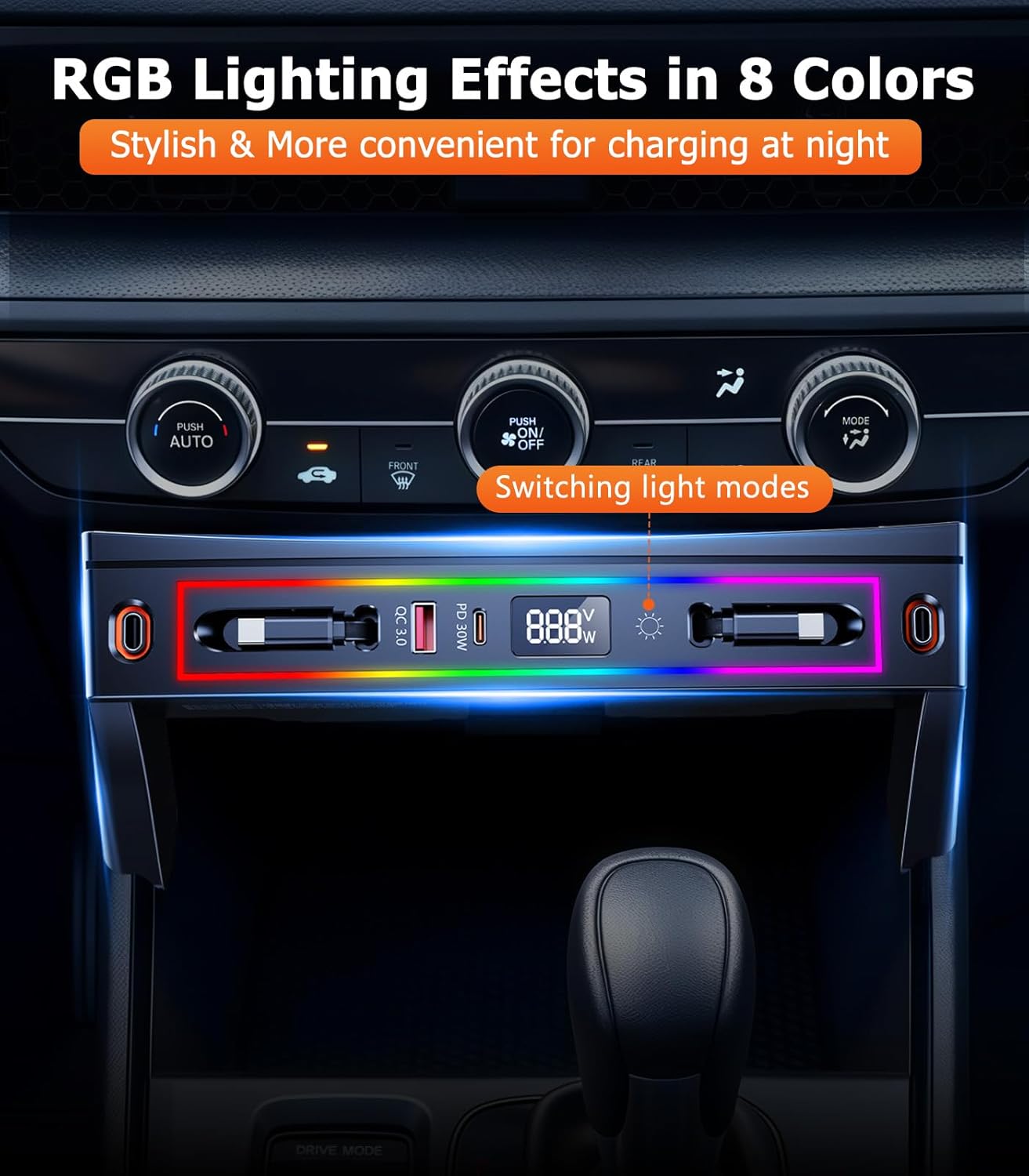 for Honda CRV Car Charger USB Hub with RGB Light, 4-Port Retractable Cable Docking Station for Honda CR-V Accessories 2026 2025 2024 2023, Center Console Phone Fast Charger Hub Voltage Display