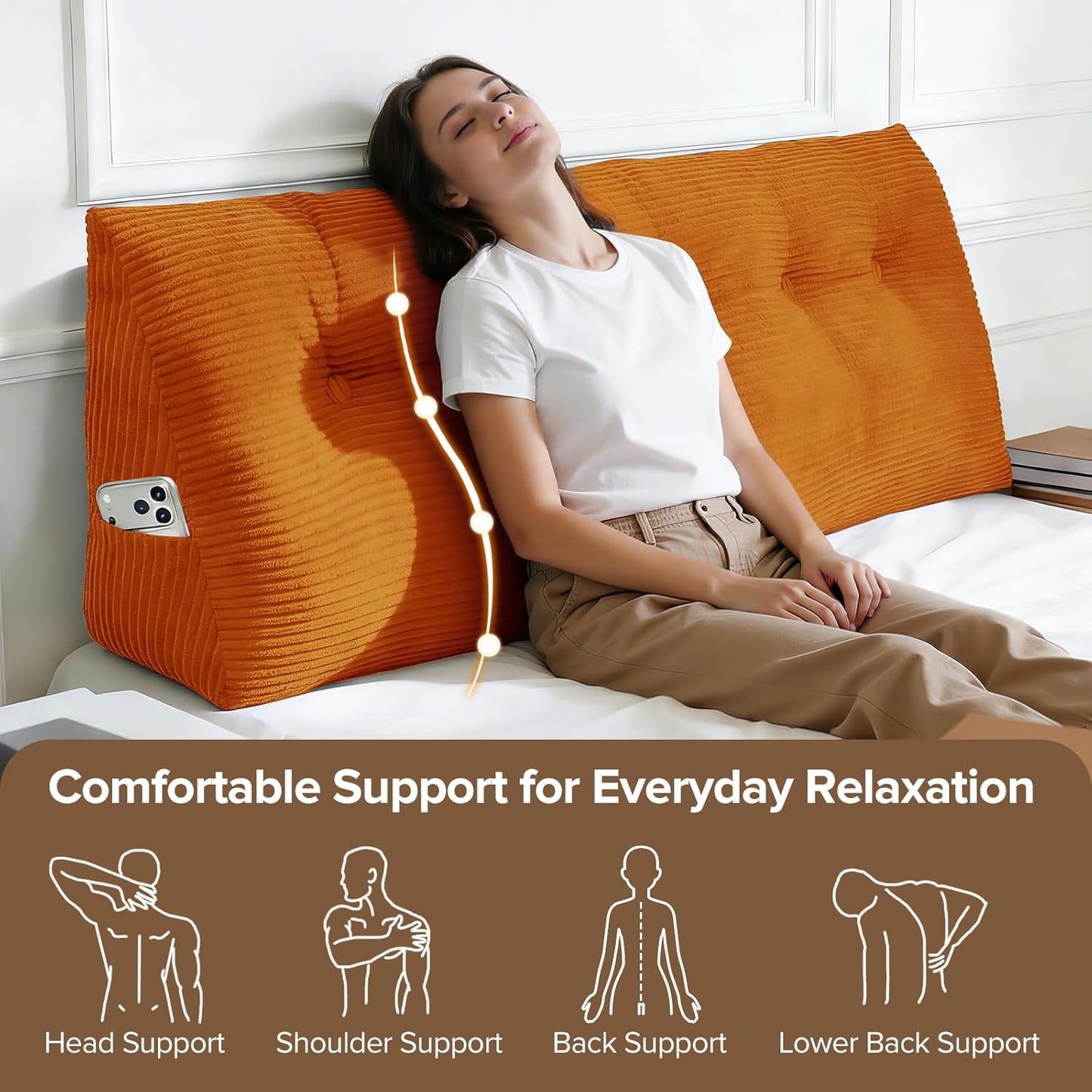 Headboard Pillow for Sitting Up in Bed, Twin Size Backrest Triangle Reading Pillow for Daybed, Supportive Bed Back Pillow for Reading, Watching TV & Relaxing, Soft Lean-Back Support, Orange