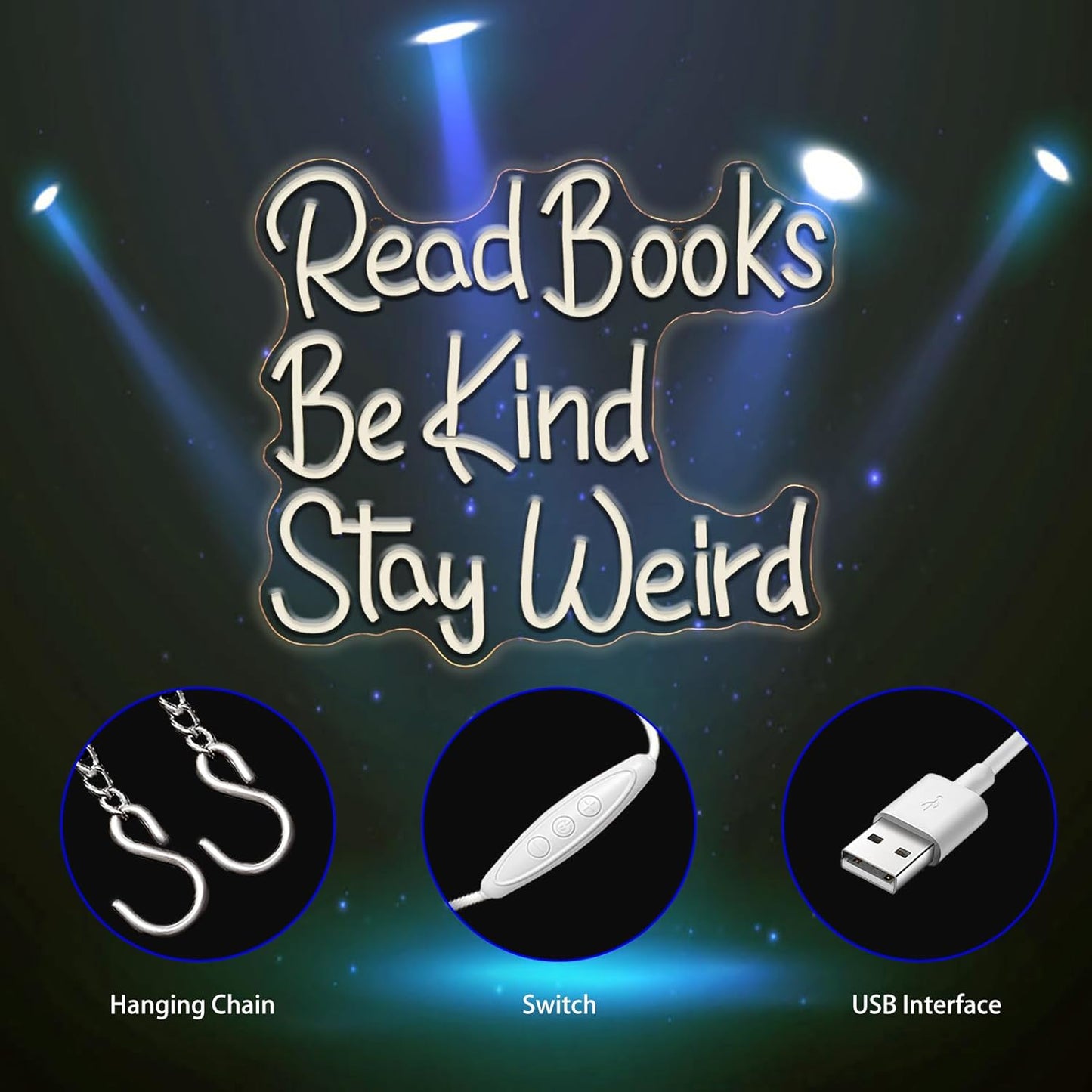 Neon Sign, Read Books Be Kind Stay Weird Neon Signs for Wall Decor Warm White LED Neon Light Up Signs Home Decor for Study Room Bookstore Bedroom Business Club Decoration USB Operated
