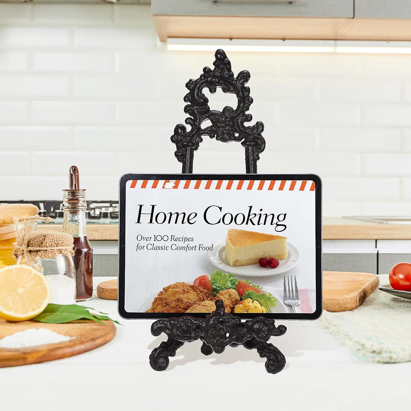 Cast Iron Cookbook Stand - Heavy-Duty Metal Recipe Book Holder, Vintage Cast Iron Display Rack for Recipe Book, Bible, Magazine & Plate, Home Kitchen Countertop Decor
