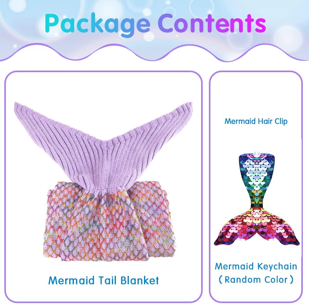 AmyHomie Mermaid Tail Blanket, Hand Crochet Mermaid Blanket for Kids, Super Soft Breathable Little Mermaid Tail Sleeping Bag, Best Mermaid Gifts for Girls(Light Purple Rainbow, Kids)