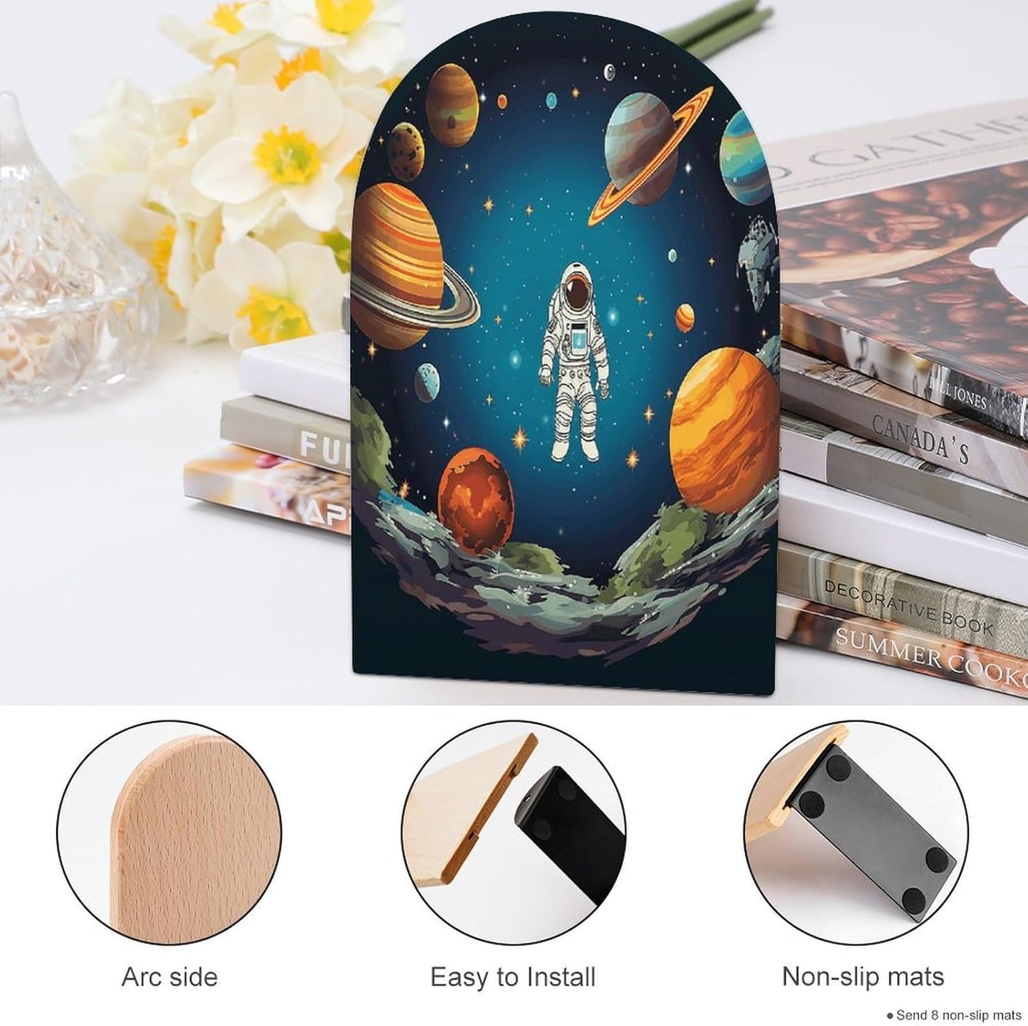 Outer Space Rocket Astronaut Bookend for Shelves Wooden Book End Large Size Sturdy Book Holders Stoppers with Metal Base for Bookshelves Slick Decorative Bookends Stands