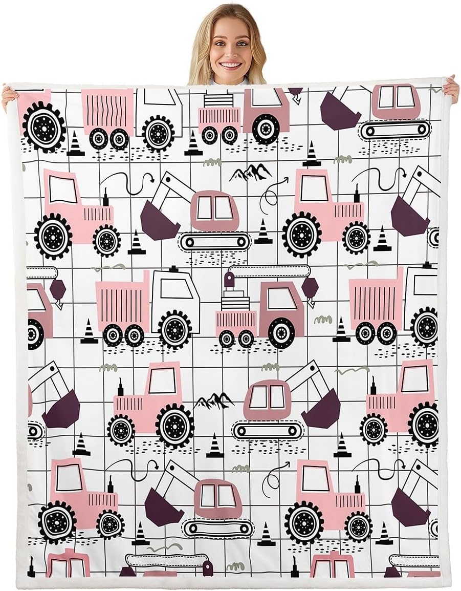 Feelyou Construction Fleece Throw Blanket for Girls Boys Kids Baby 30"x40" Cartoon Car Excavator Tractor Plush Blanket Equipment Trucks Sherpa Blanket Plaid Pink Black Theme Fuzzy Blanket