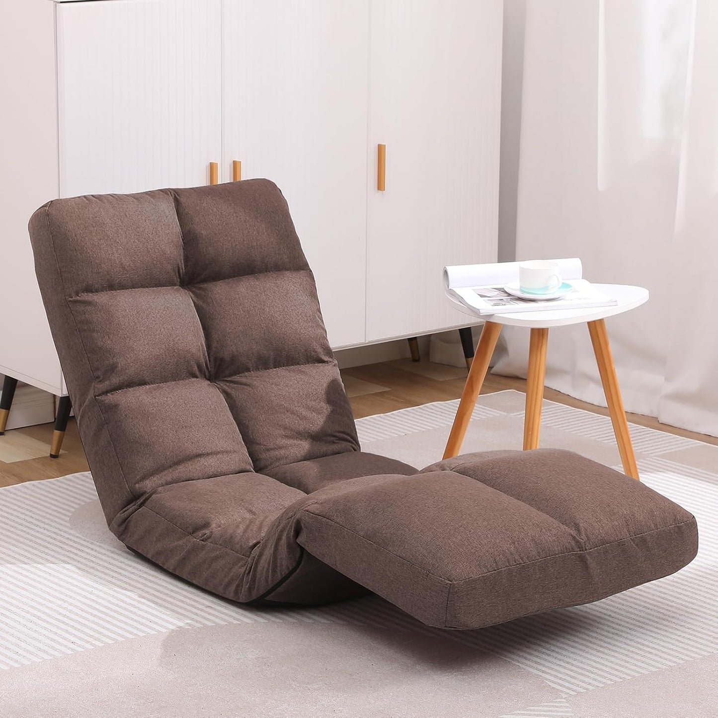 Floor Recliner with Adjustable Footrest - 14-Position Backrest & 5-Level Footrest for Ultimate Relaxation, Foldable Linen Chaise Lounge Chair for Living Room (Brown)