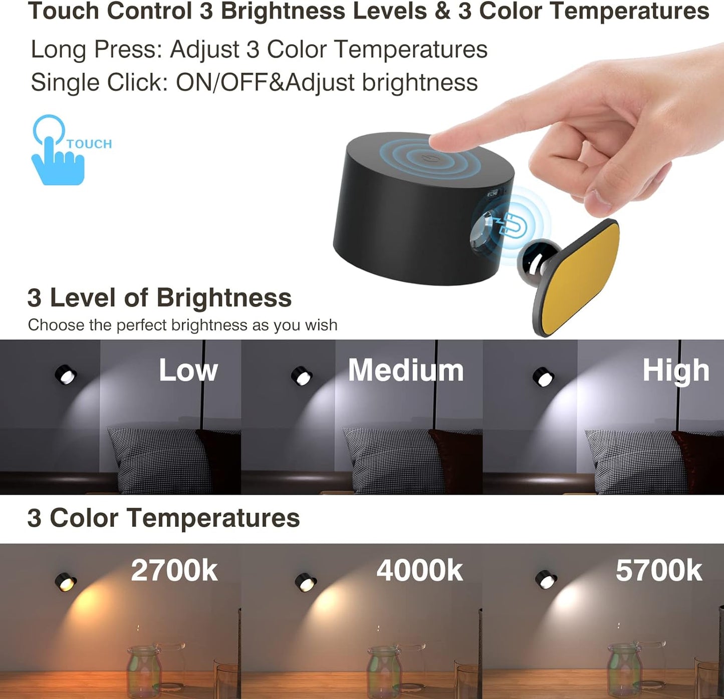 Koopala LED Reading Lights, Wall Mounted Sconces with 3 Color Temperatures & 3 Brightness Levels Rechargeable Battery Magnetic Ball 360°Rotation Touch Control, Lamps for Kids Study Bedside Closet