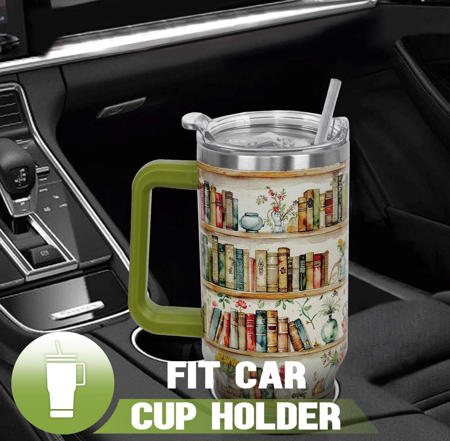 Book Lovers Gifts 40oz Retro Bookshelf Tumbler with Handle and Straw Watercolor Flowers Bookworm Coffee Travel Mugs Insulated Cup Gifts for Women Readers,Reading,Bookish,Librarian,Books Accessories
