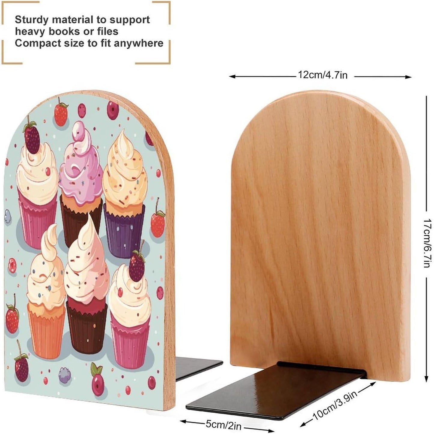 Delicious Cupcakes Bookend for Shelves Wooden Book End Large Size Sturdy Book Holders Stoppers with Metal Base for Bookshelves Slick Decorative Bookends Stands