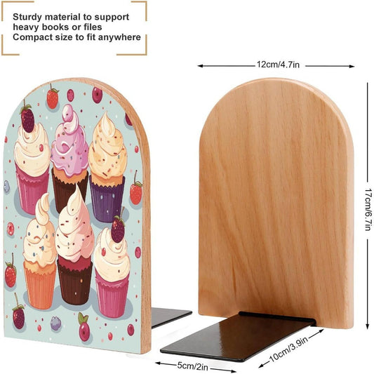 Delicious Cupcakes Bookend for Shelves Wooden Book End Large Size Sturdy Book Holders Stoppers with Metal Base for Bookshelves Slick Decorative Bookends Stands