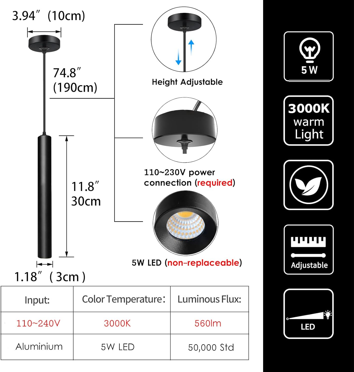Pendant Lights Kitchen Island, Modern Black Pendant Light for Bedroom Bedside Sofa Corner, 5W Island Lights for Kitchen, Height Adjustable, 3000K, Ø1.18 x L11.8