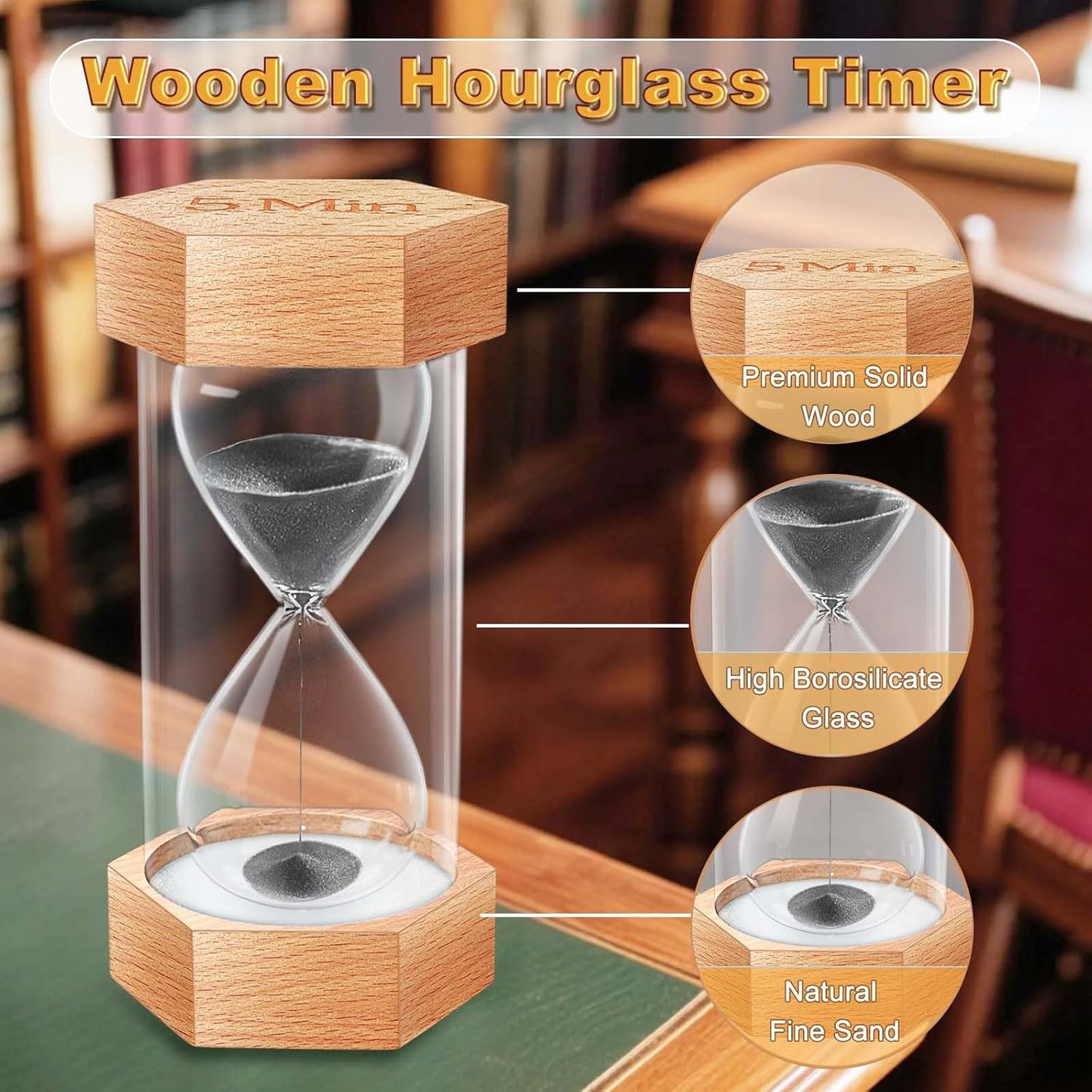 Sand Timer 1 Minute Hourglass, Natural Wood Grain Hexagonal Hour Glass Blaçk Sand Clock 1 Minutes, Reloj De Arena, Wooden Sandglass Sand Watch 1 Min for Rustic Decor, Office, Game, Classroom