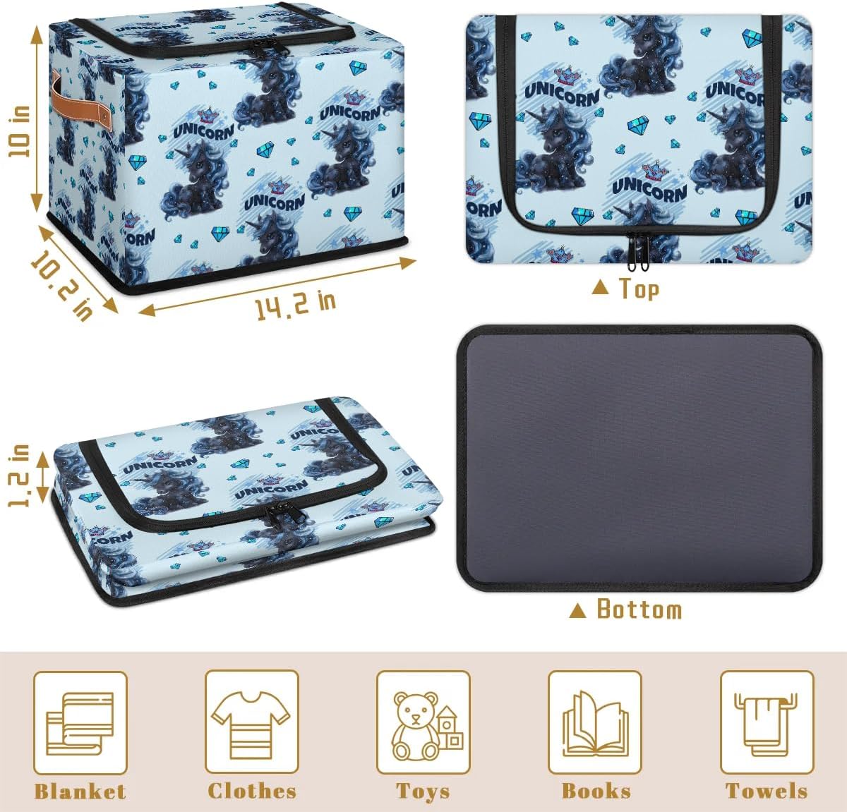 Unicorns Storage Bins with Lids, Collapsible Cube Storage Basket with Leather Handle, Foldable Fabric Storage Box with Lids for Organizing Home Bedroom Closet Office