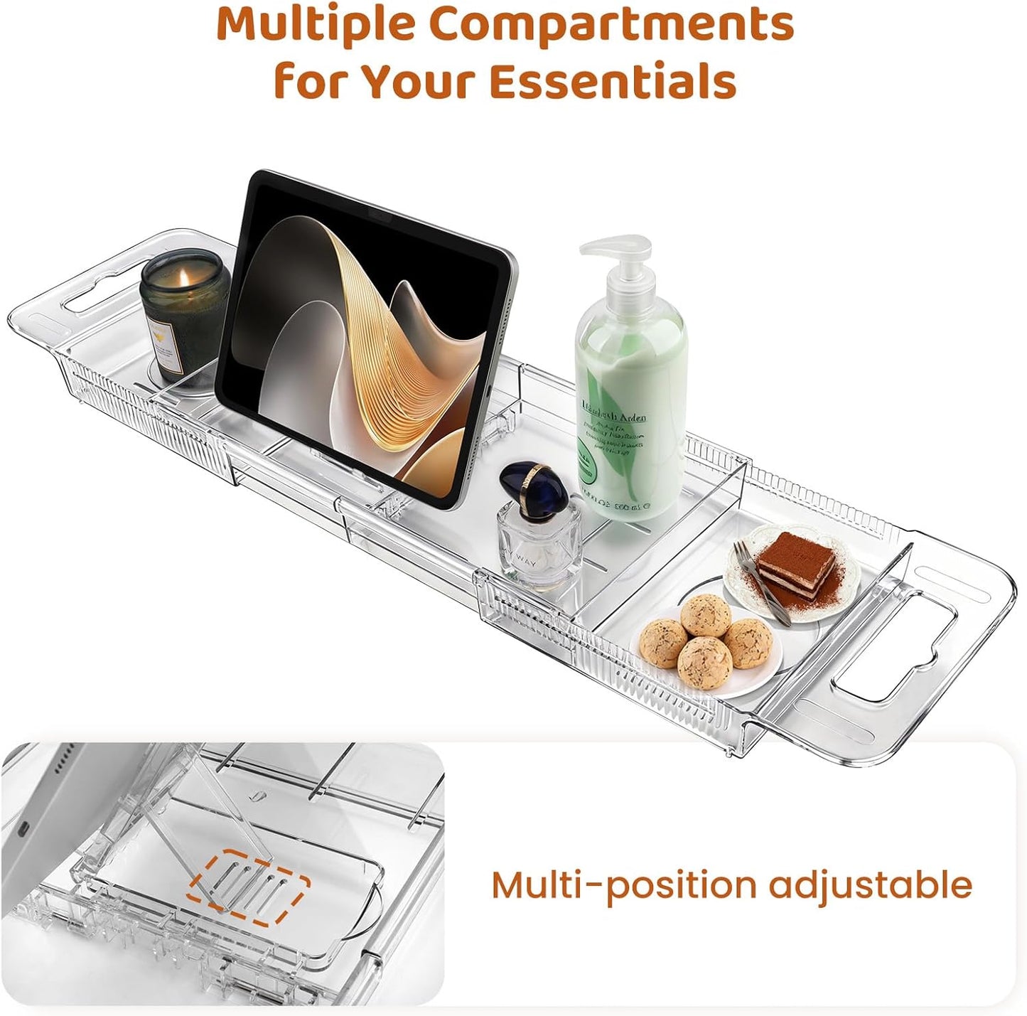 Expandable Bathtub Tray, Foldable Bath Tray for Tub, Acrylic Bath Table Trays Storage Rack, Bath Tub Tray for Bathtub & Bathroom Accessories (Transparent Bathtub Tray, 22"L x 7.8"W x 1.7"H)